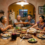 Family group of three generations sitting together at a dinner table in a Mexican home