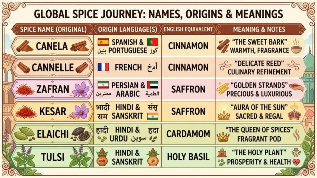 Table graphic of spice names from other languages with meanings: Canela, Cannelle, Zafran, Kesar, Elaichi and Tulsi