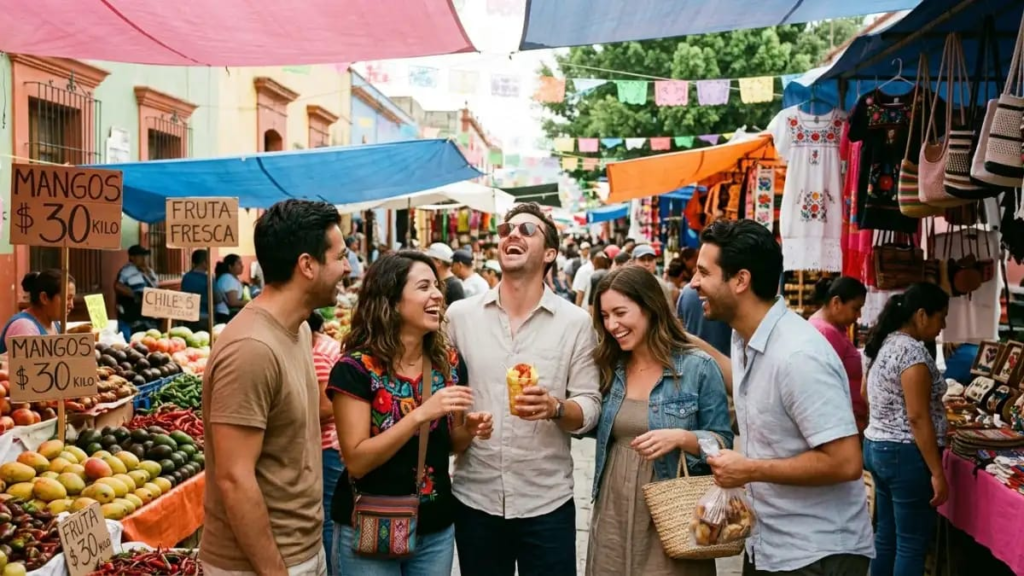Group of friends laughing together at an outdoor market in Mexico