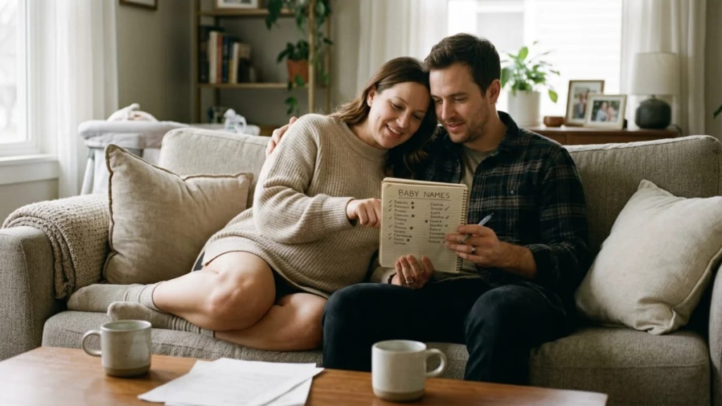 ALT TEXT: Parents reading a list of baby names together on a sofa