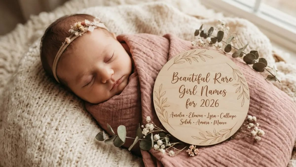 Newborn baby girl wrapped in a soft blanket, representing beautiful rare girl names for 2026"