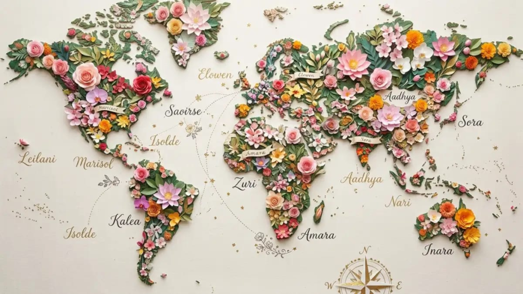 World map made of paper flowers, symbolizing international beautiful rare girl names"