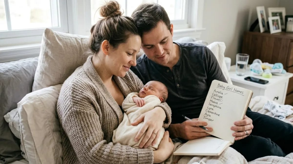 "Parents holding a newborn, choosing from a list of beautiful rare girl names"
