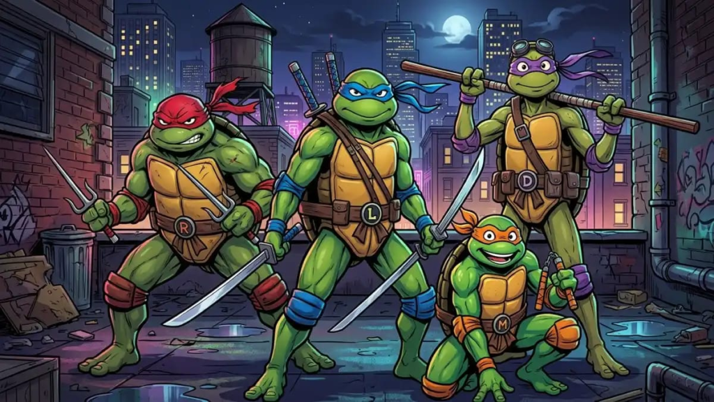 Four cartoon-style ninja turtles standing together with their colored masks and weapons