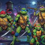 Four cartoon-style ninja turtles standing together with their colored masks and weapons