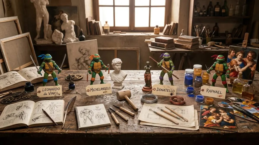 Renaissance painting supplies and a sculpture beside ninja turtle toys, showing where ninja turtle names