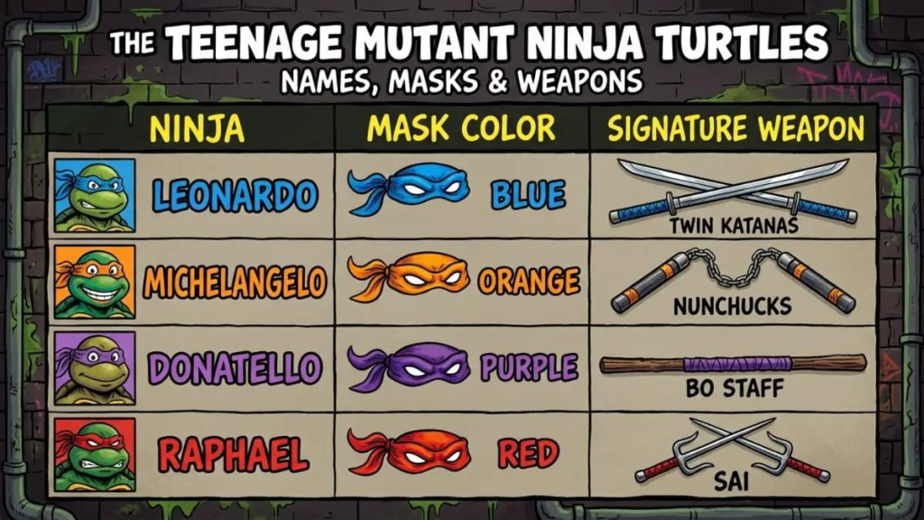 Chart showing each ninja turtle name beside a mask color and a weapon