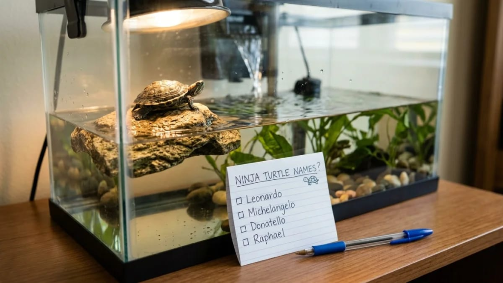 Small pet turtle on a rock in a clean tank, ready to be given one of the fun ninja turtle names