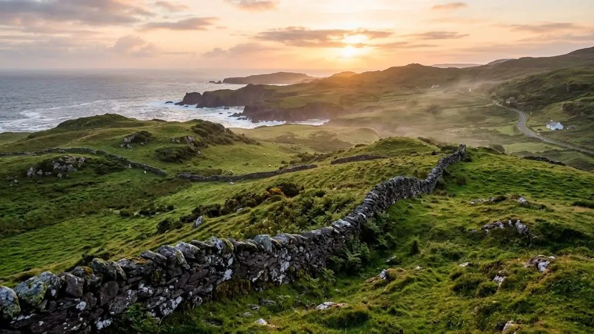 Green hills and a stone wall on the west coast of Ireland at sunrise"