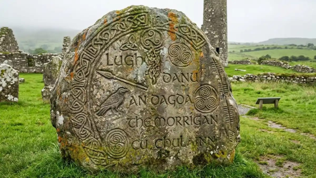 Ancient Celtic stone carvings at an Irish heritage site, linked to Irish mythology Irish girl names"