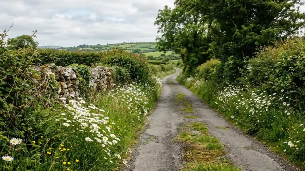 Wild daisies growing along an Irish country lane"